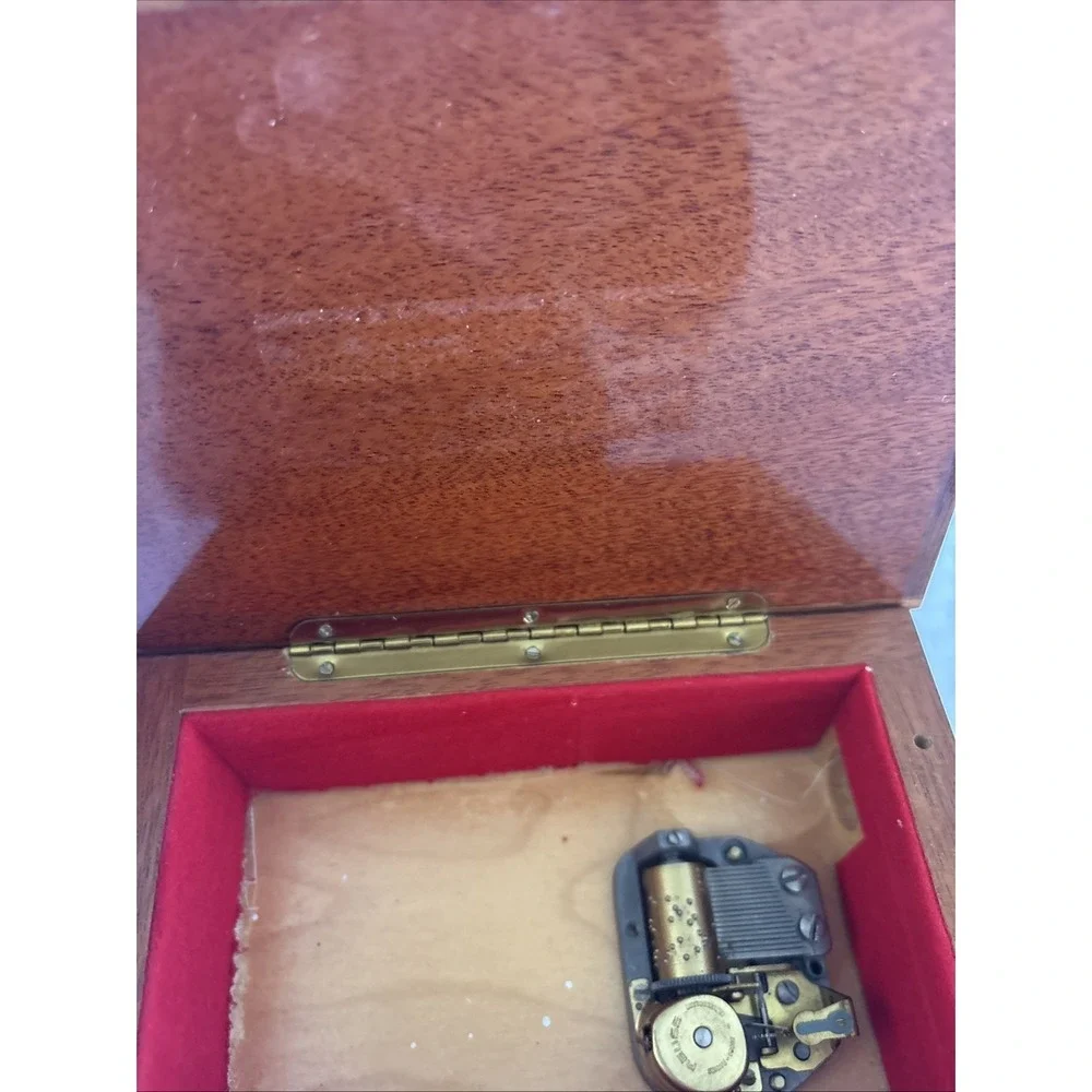 Vintage Reuge Wooden Music Box Red Felt Inside Plays White Christmas
